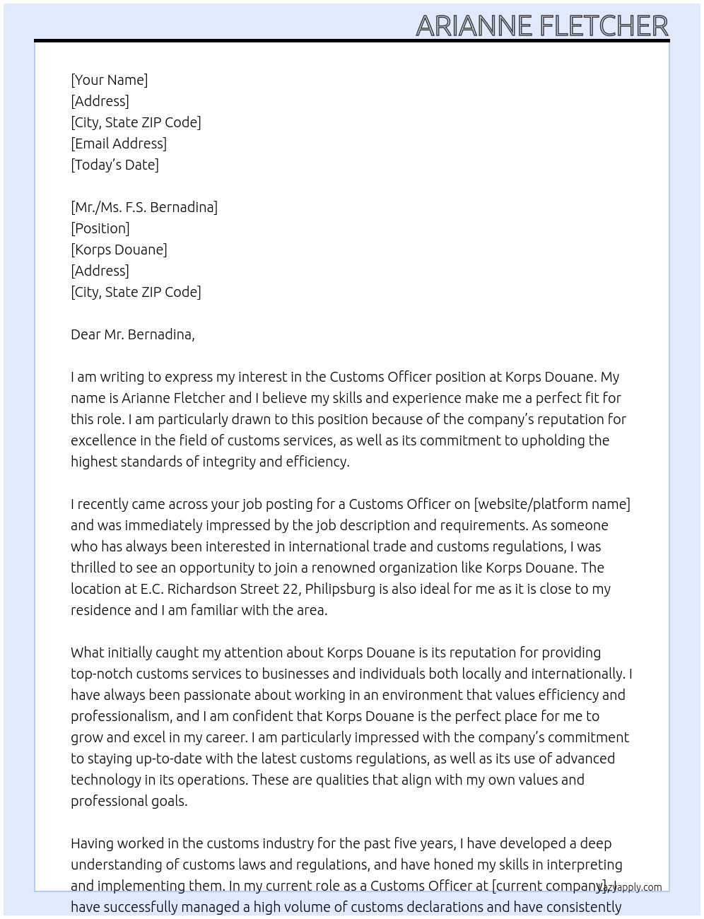 Customs officer At Korps Douane Cover Letter