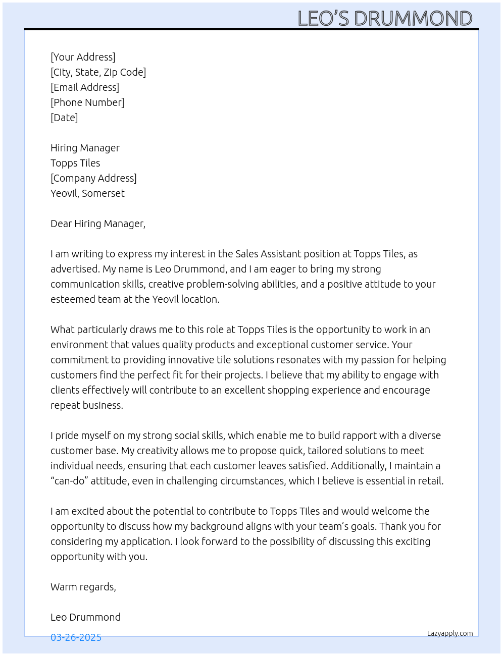Sales assistant At Topps tiles Cover Letter