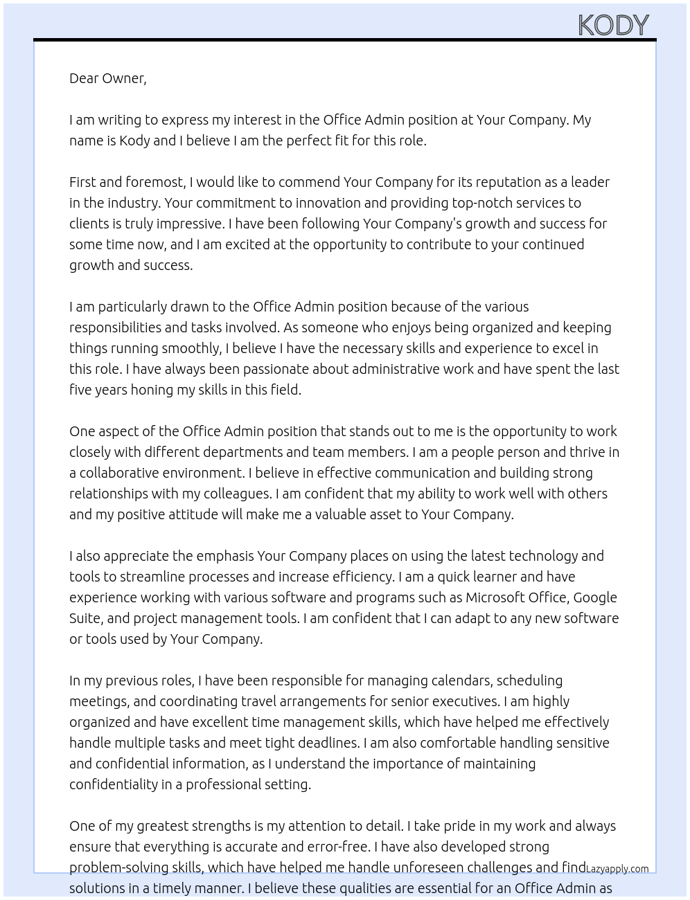 Office admin At Your company  Cover Letter