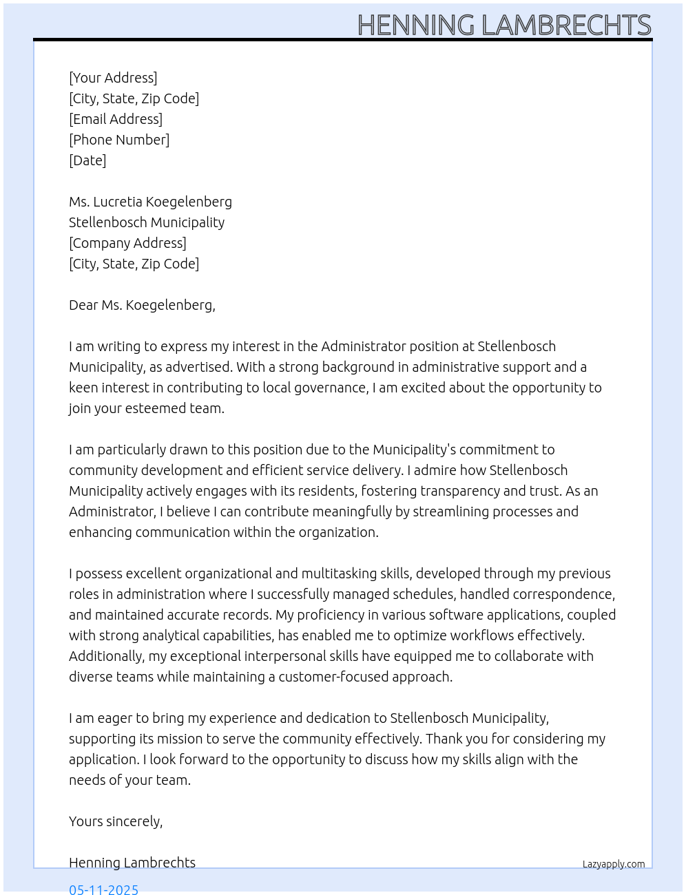 ADMINISTRATOR At Stellenbosch Municipality Cover Letter