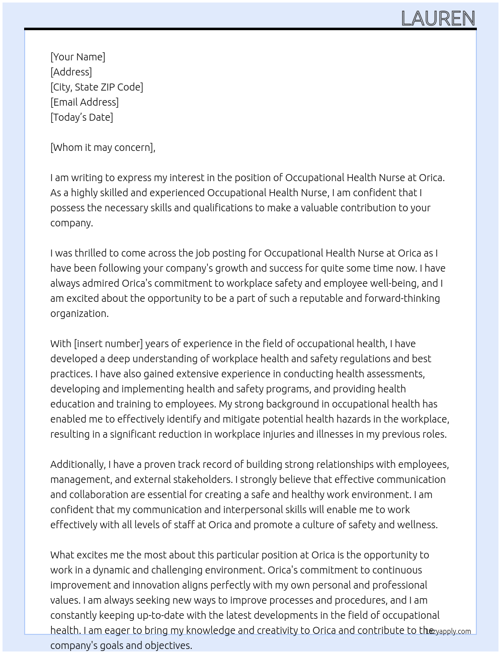 Occupational Health Nurse  At Orica  Cover Letter