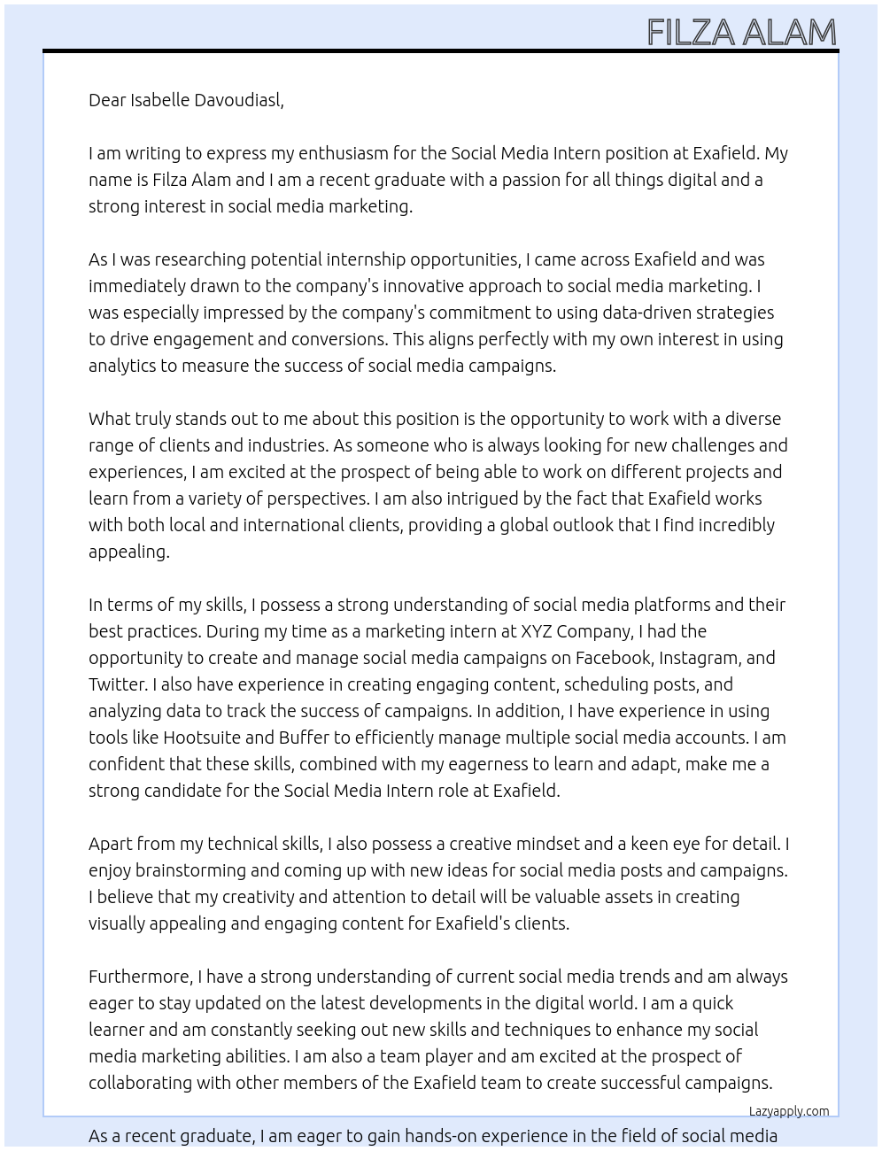 Social Media Intern At Exafield Cover Letter