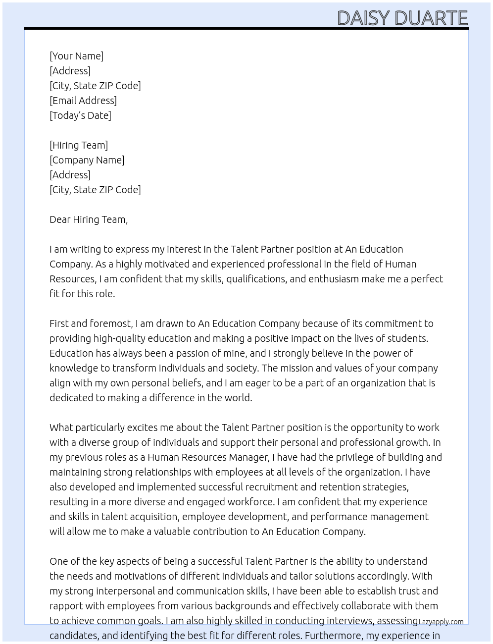 Talent Partner At An Education Company  Cover Letter