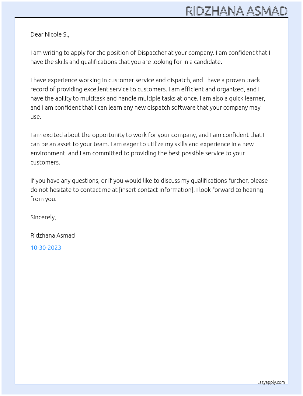 Dispatcher At your company Cover Letter