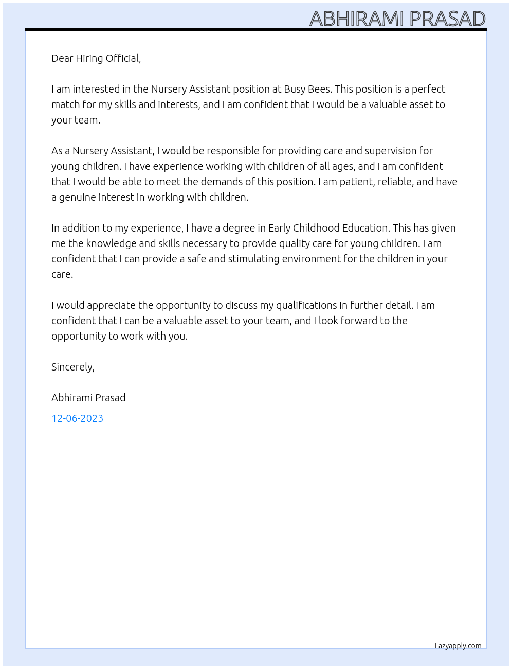 Nursery assistant At Busy bees Cover Letter