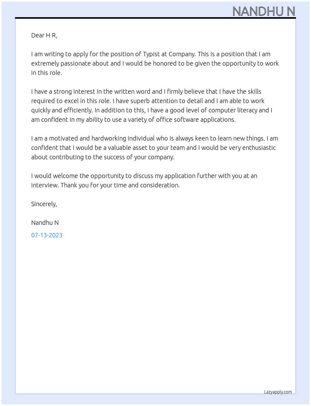 Typist  At Company Cover Letter