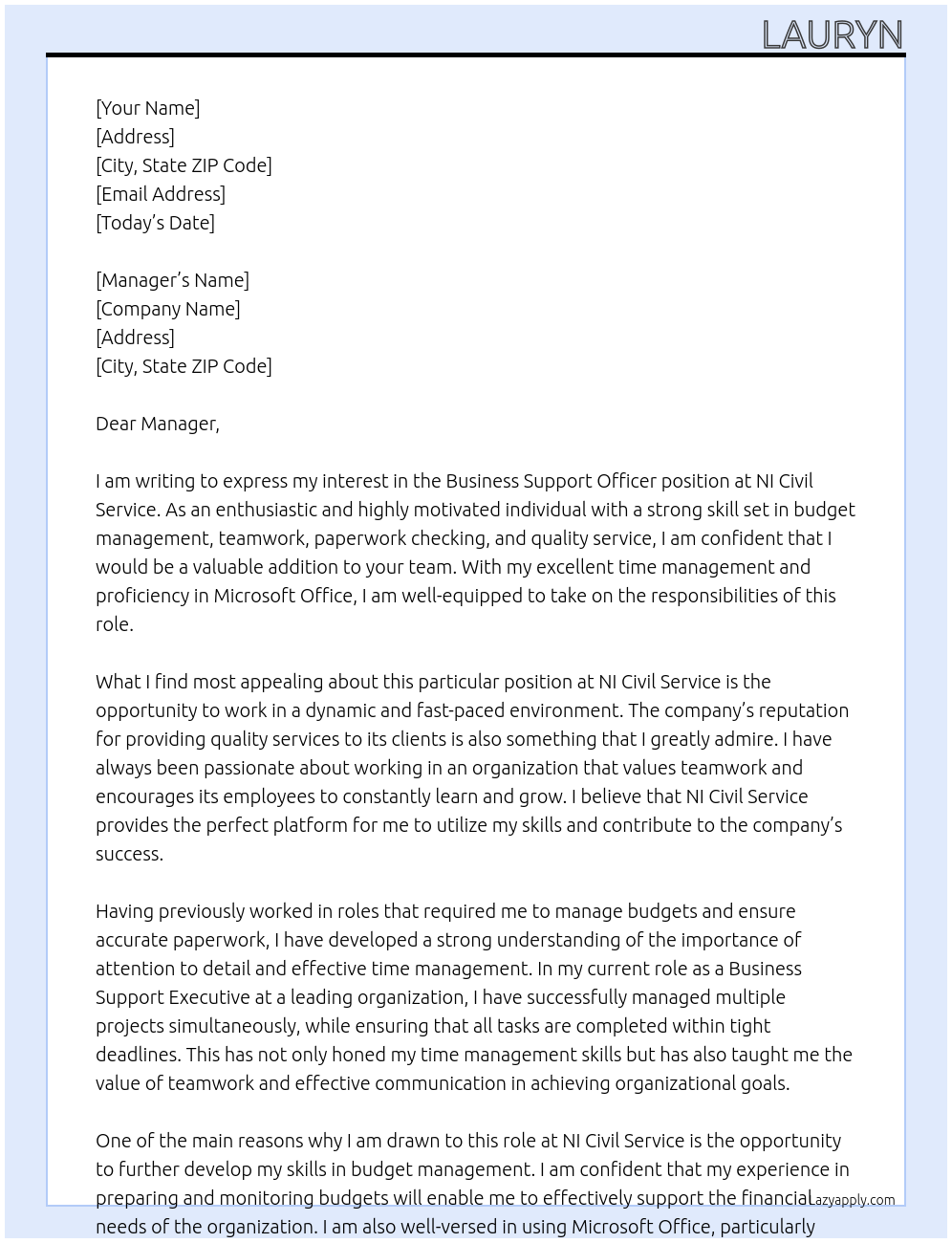 Business Support Officer At NI Civil Service Cover Letter