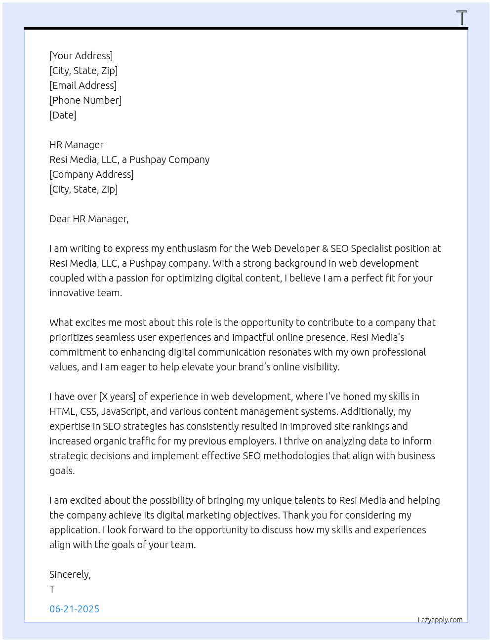 Web Developer & SEO Specialist At Resi Media, LLC, a Pushpay company Cover Letter