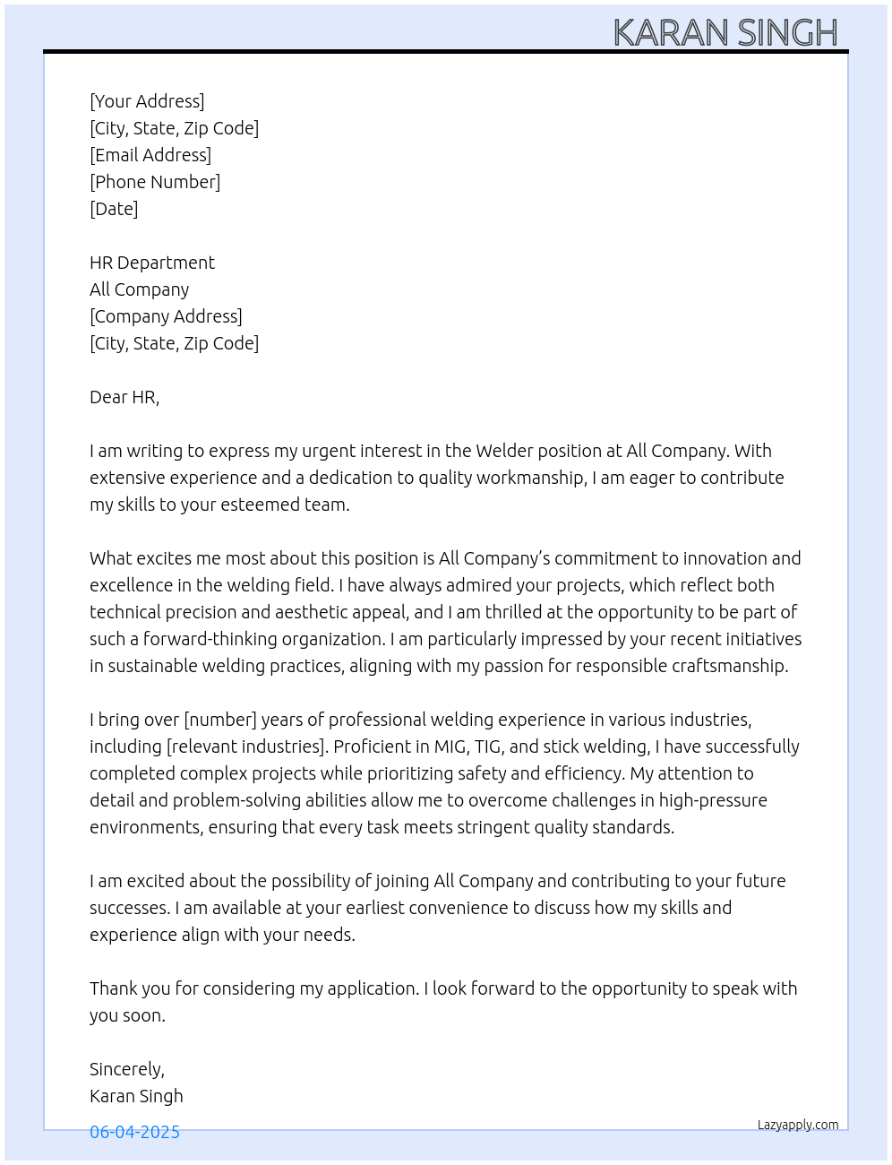 Welder At All company Cover Letter