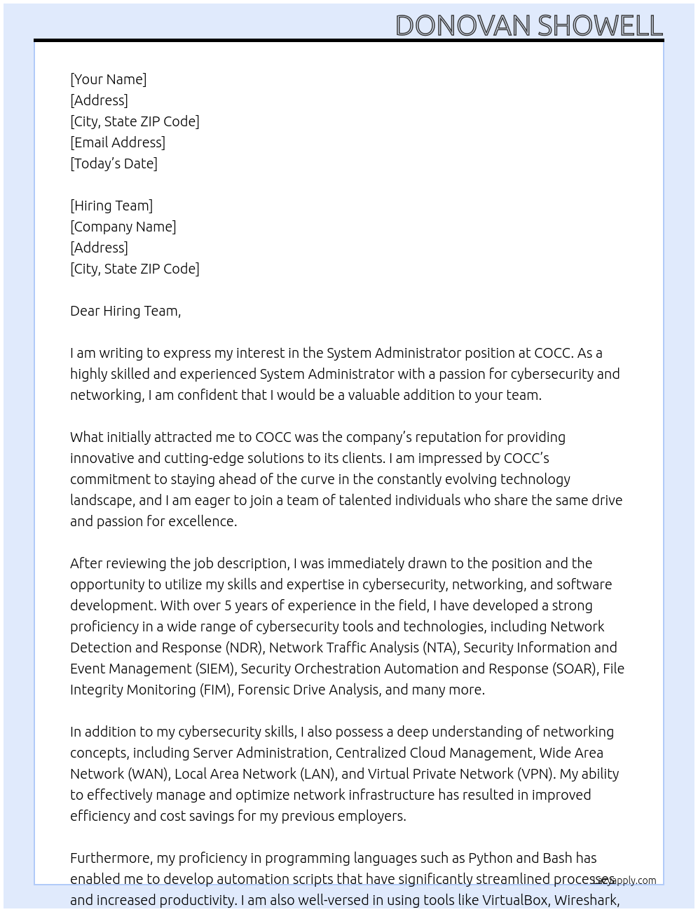 System administrator At COCC Cover Letter