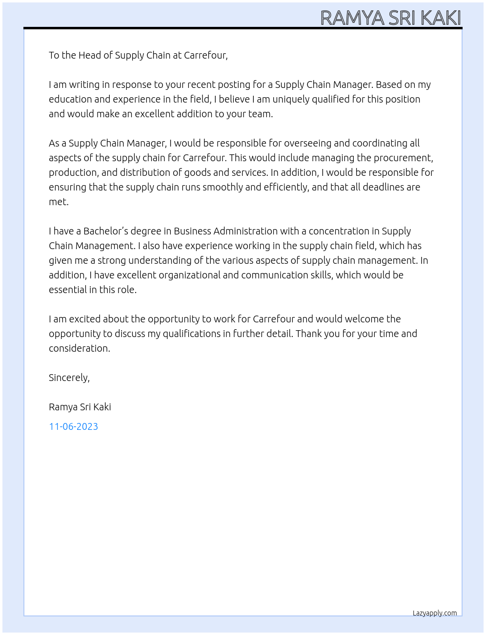 supply chain manager At carrefour Cover Letter