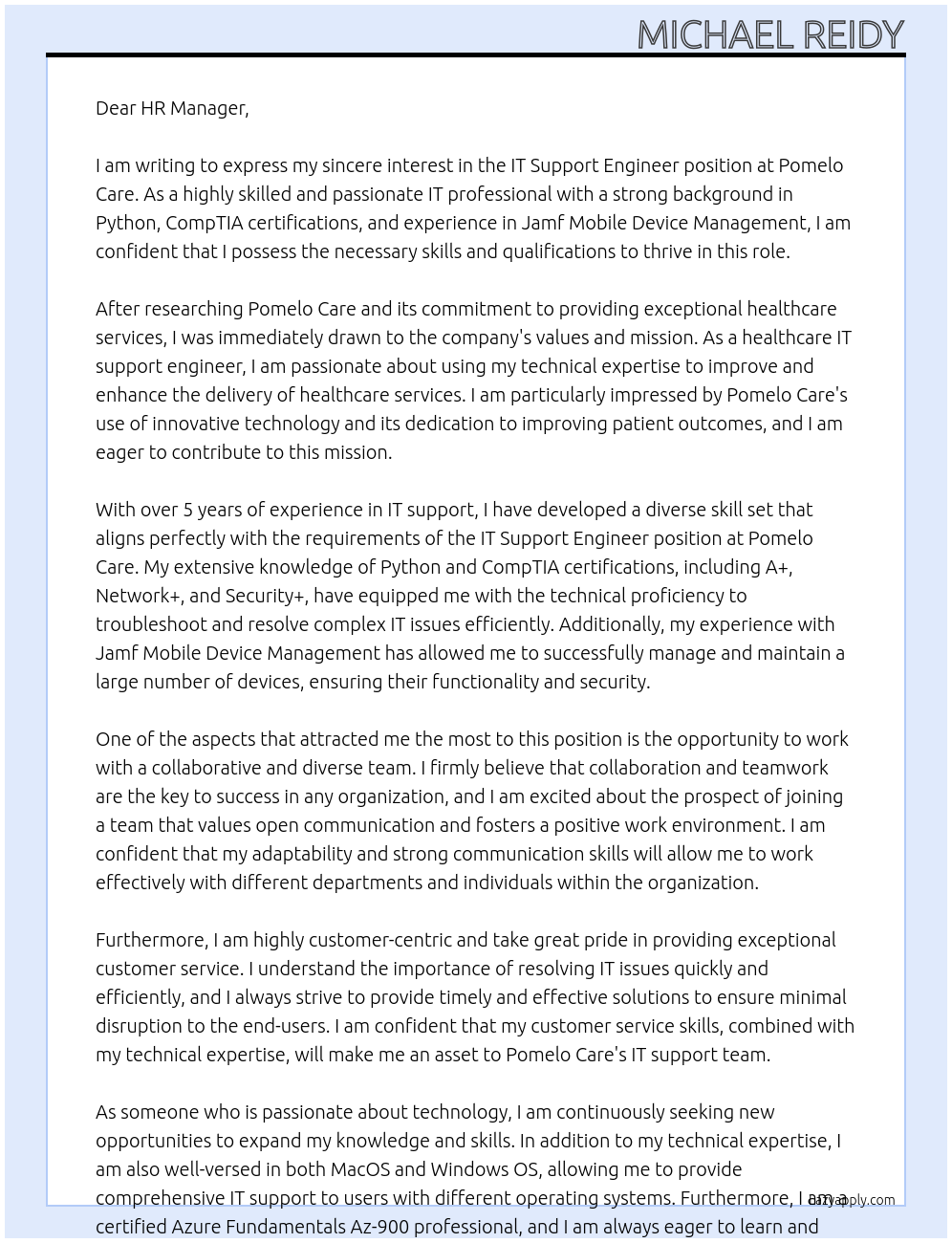 IT Support Engineer At Pomelo Care Cover Letter