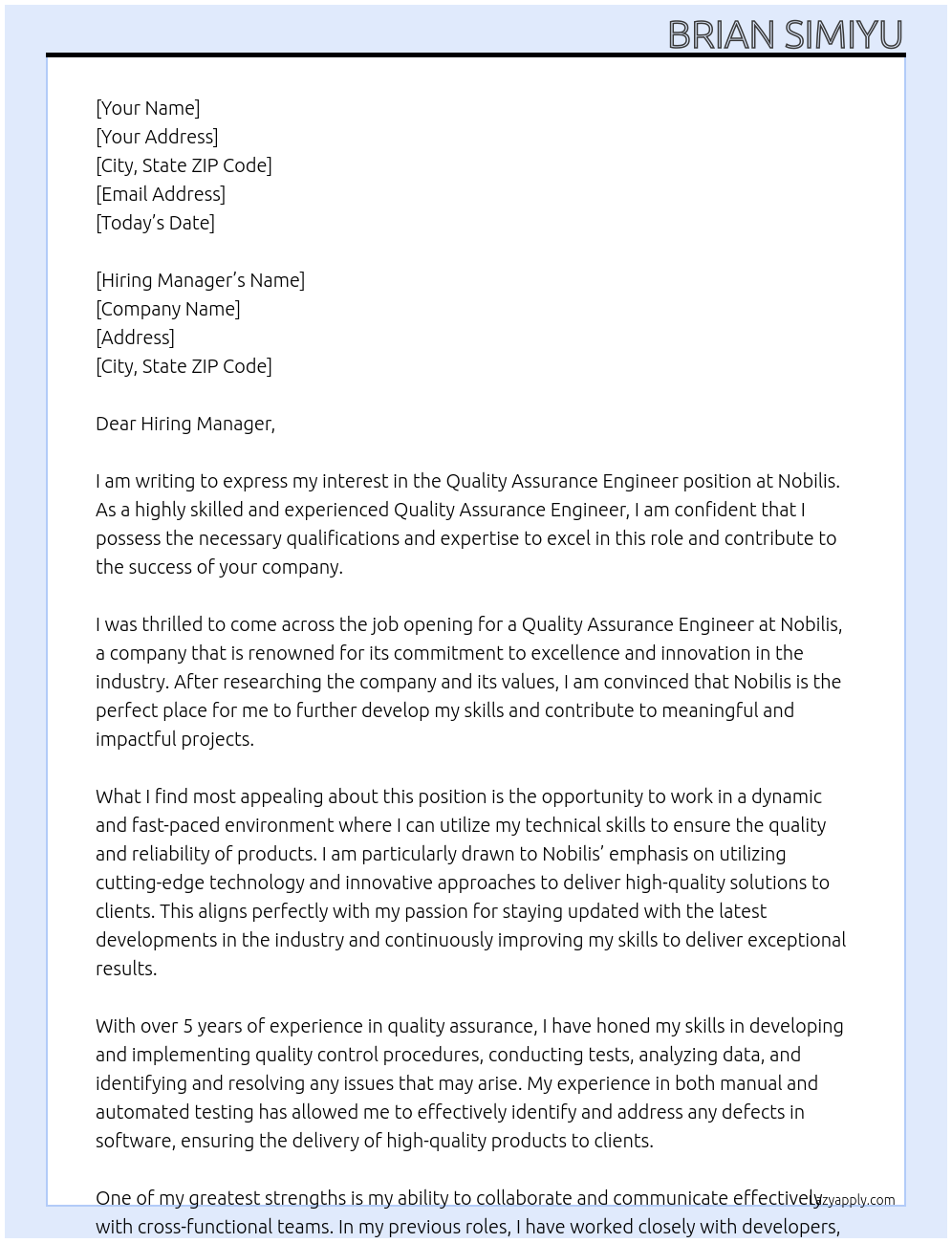 Quality Assurance Engineer At Nobilis Cover Letter