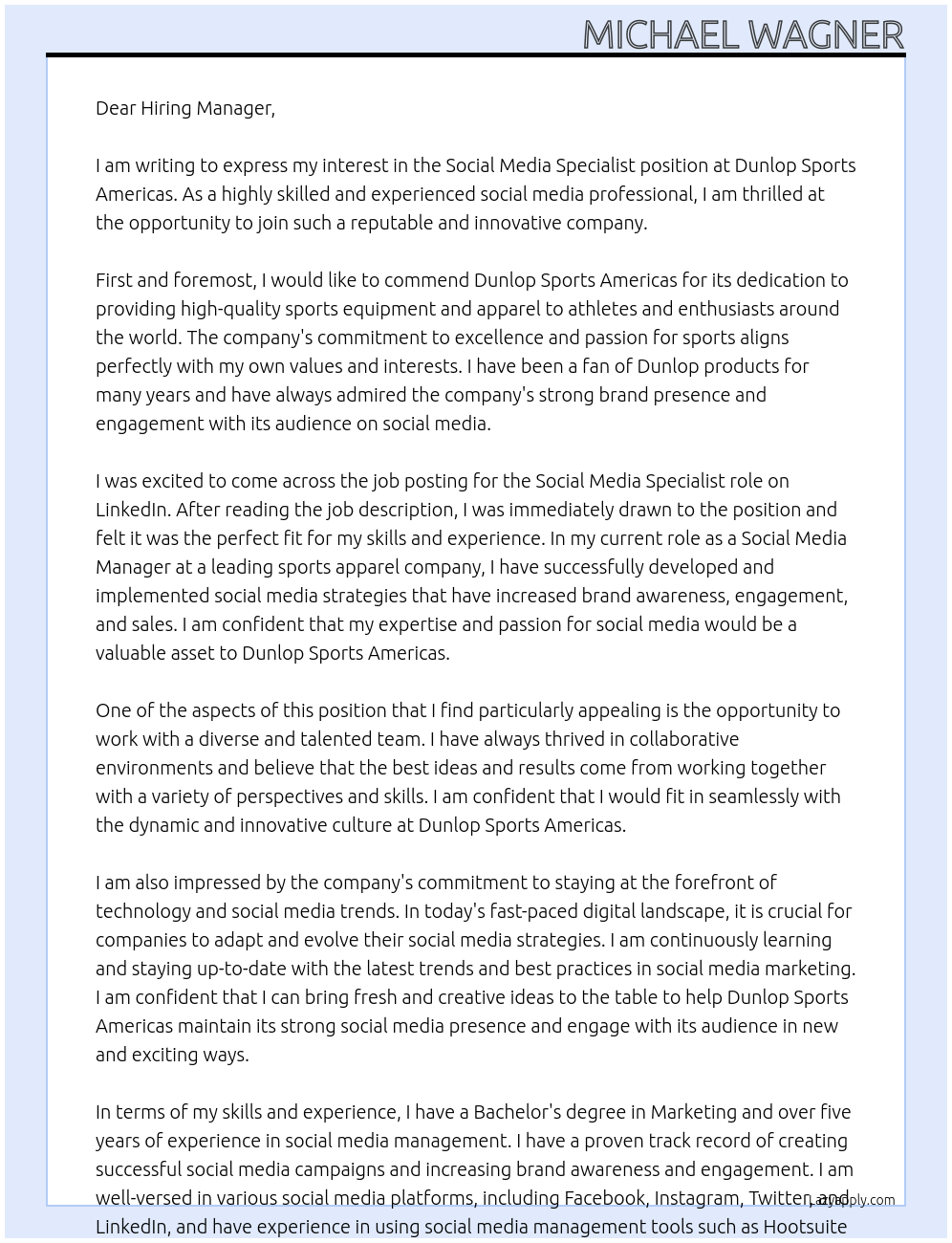Social Media Specialist At Dunlop Sports Americas Cover Letter