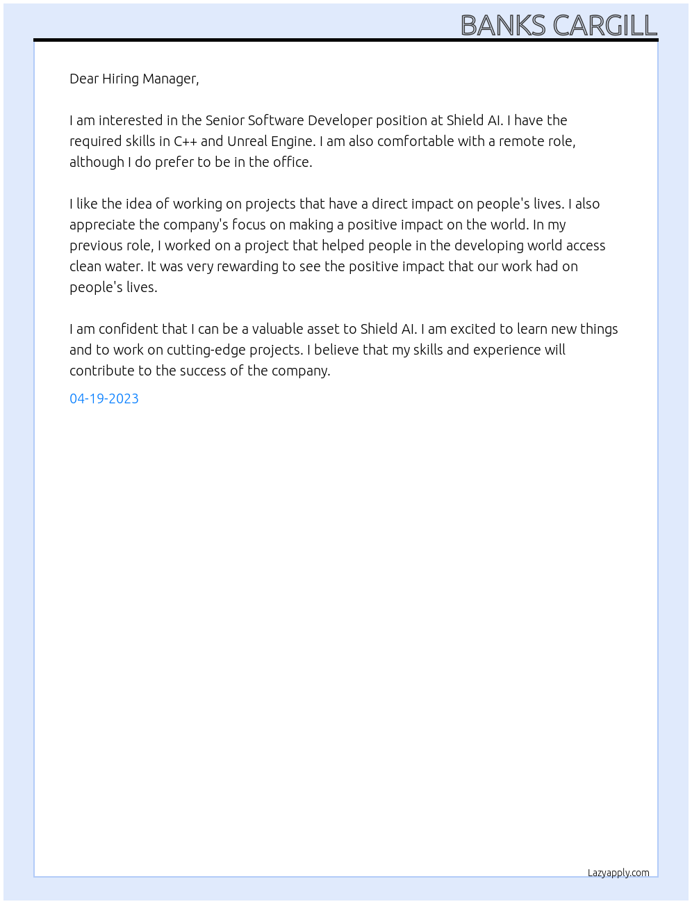 Senior Software Developer At Shield AI Cover Letter