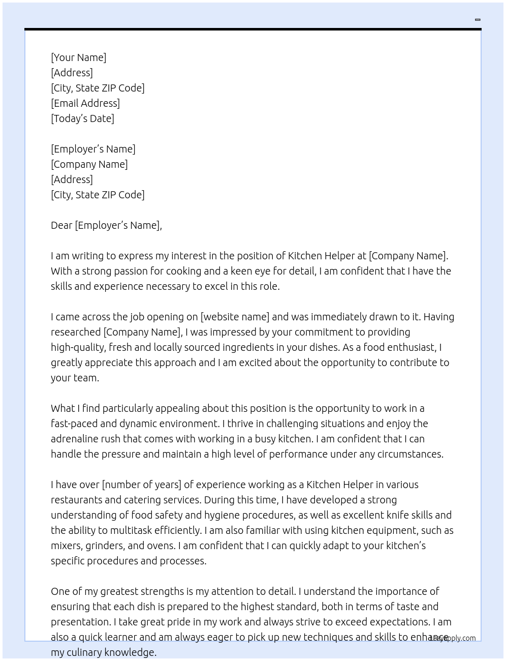 Kitchen helper At - Cover Letter