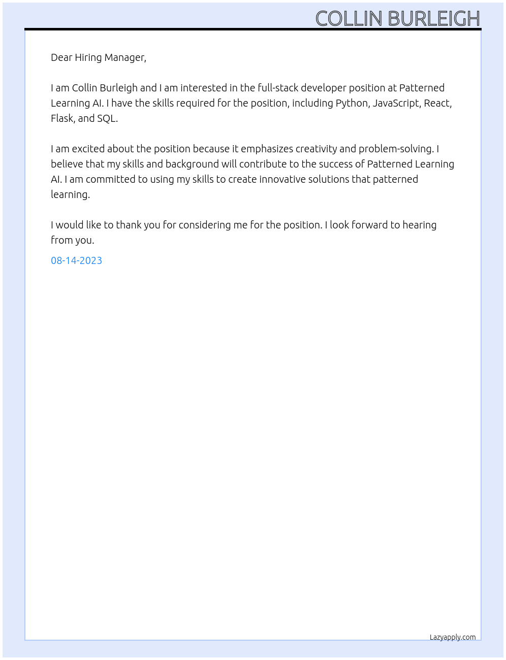 Full-Stack Developer At Patterned Learning AI Cover Letter