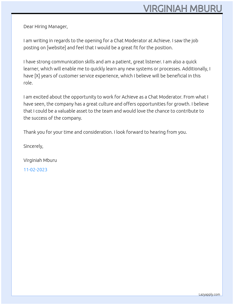 Chat Moderator At Achieve Cover Letter