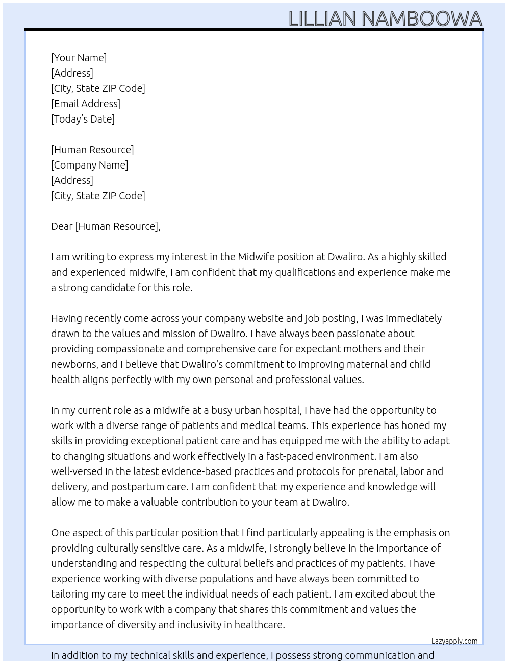 Midwife At Dwaliro Cover Letter