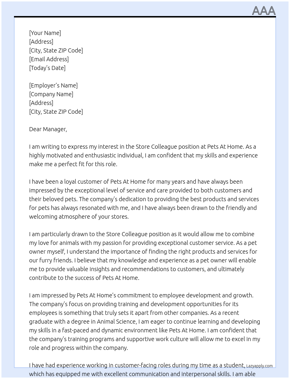 Store Colleague At Pets At Home Cover Letter