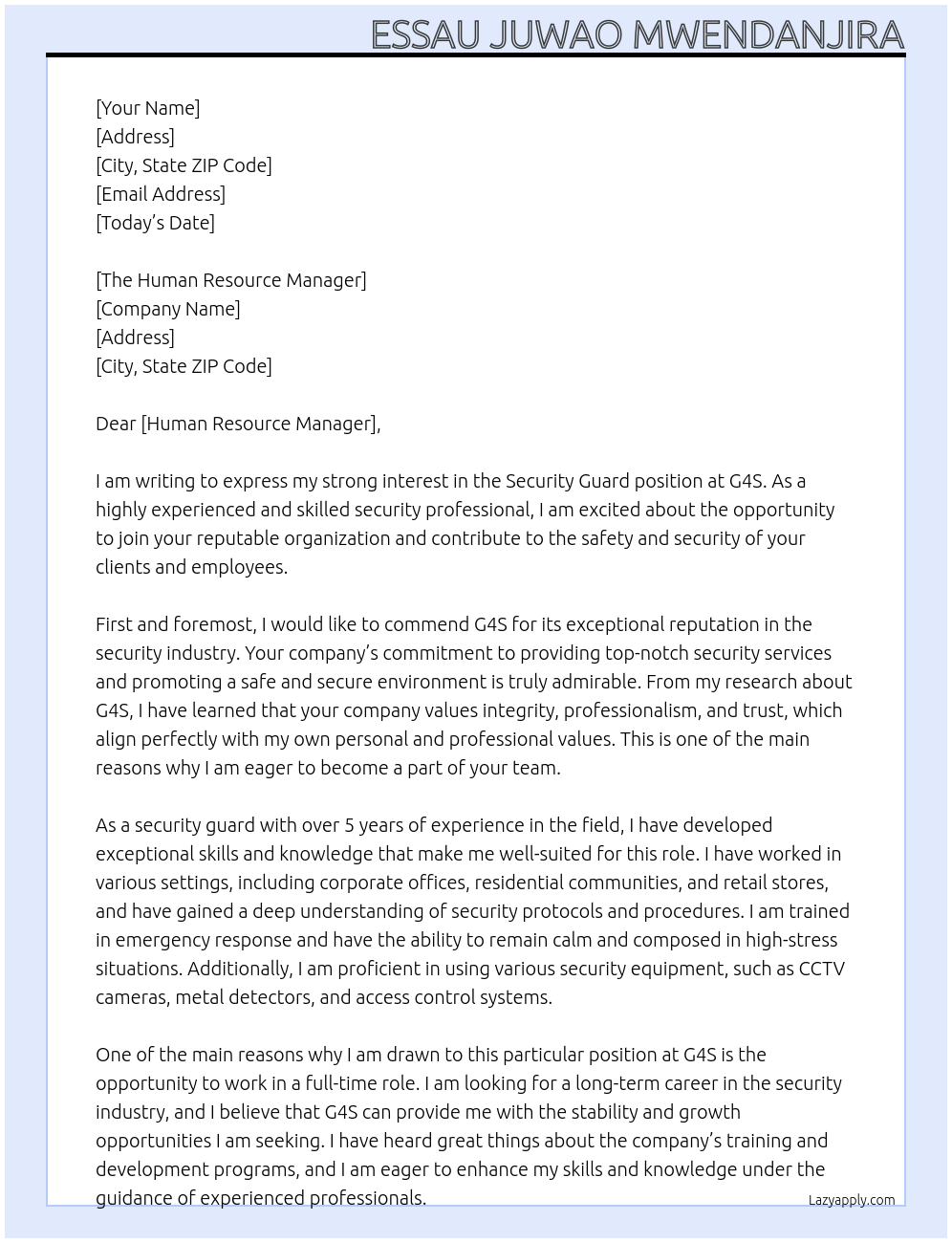 Security Guard At G4S Cover Letter