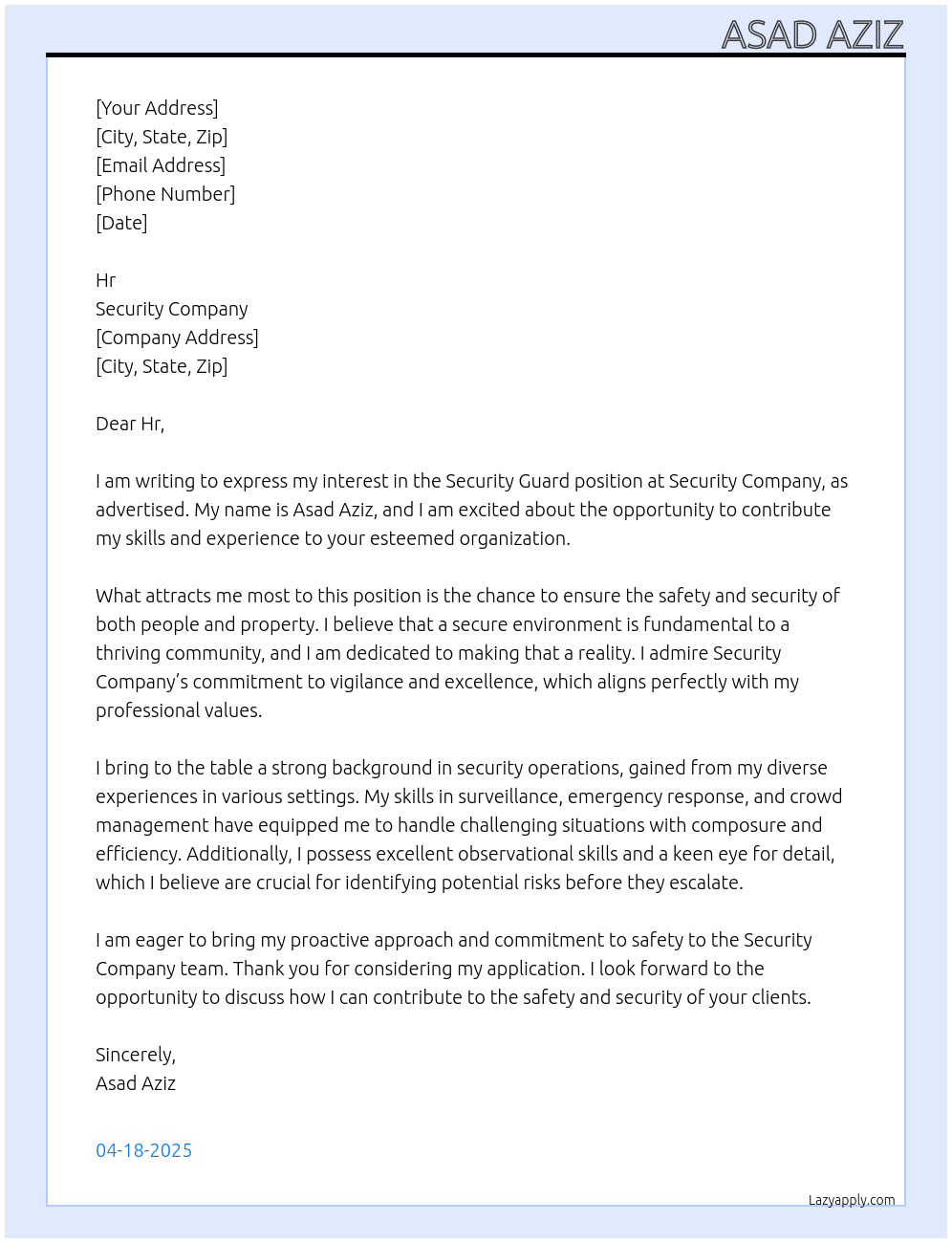 Security Guard At Security Company Cover Letter