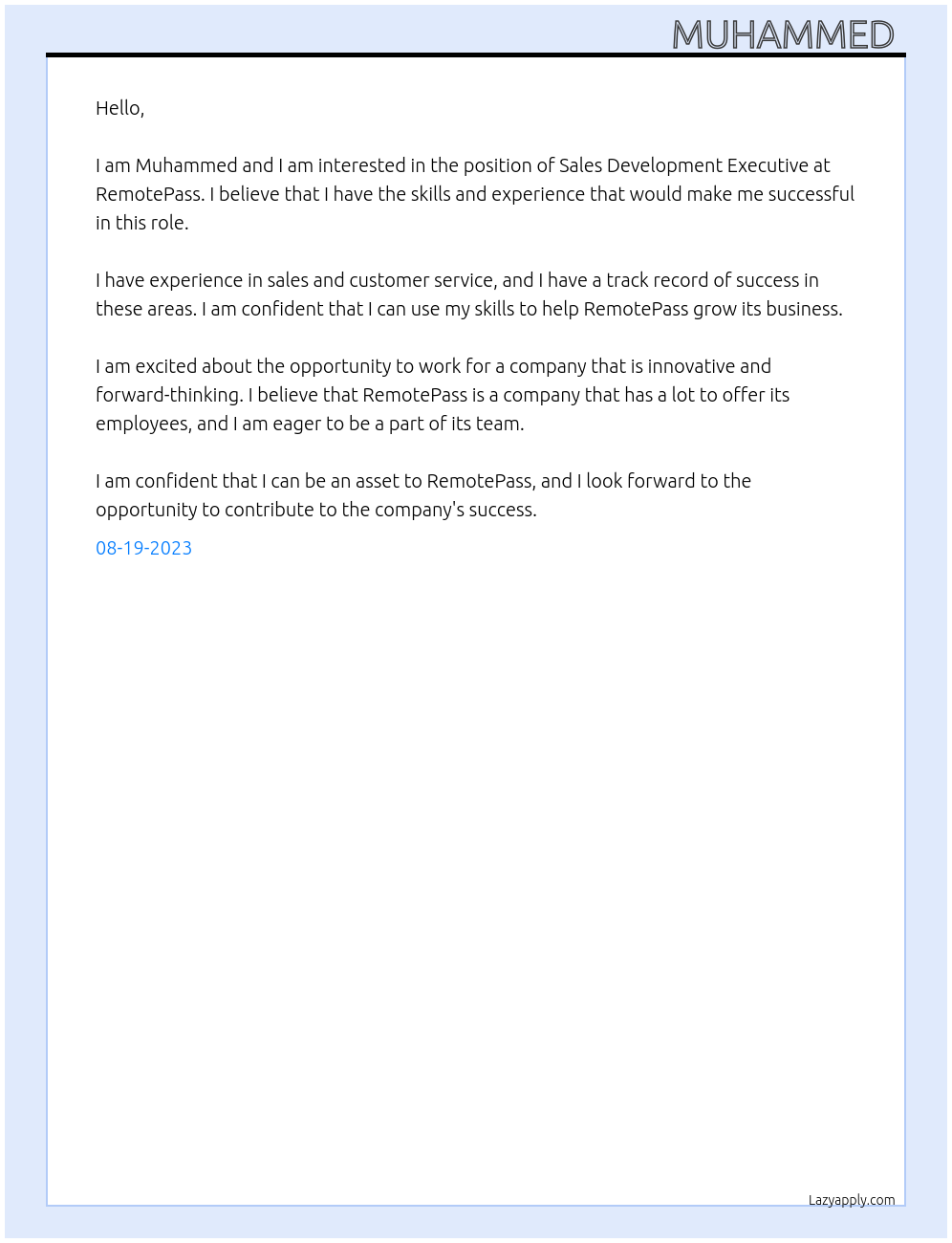 Sales development executive  At RemotePass Cover Letter