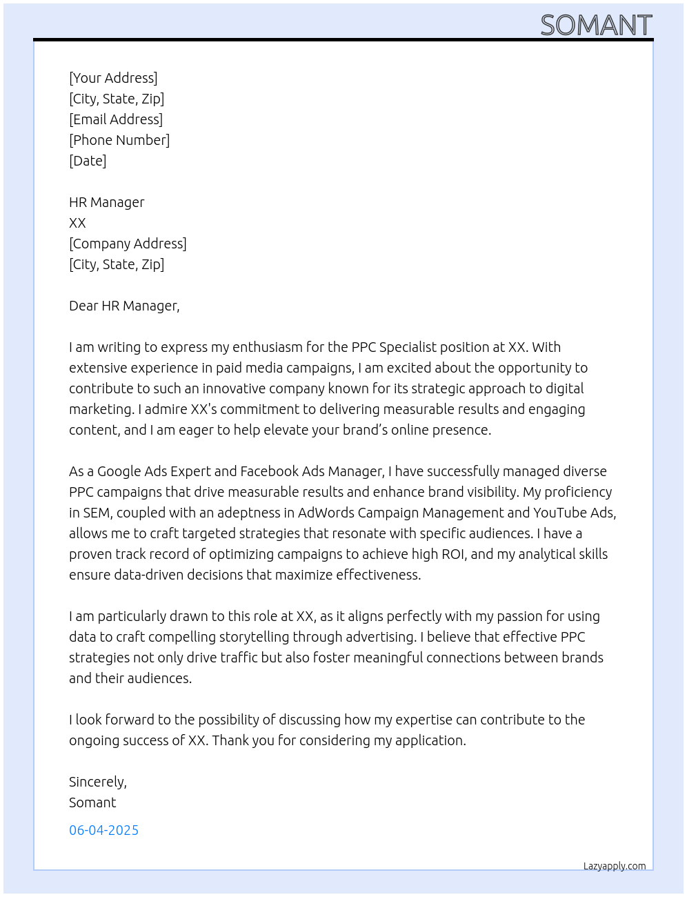 PPC Specialist At xx Cover Letter