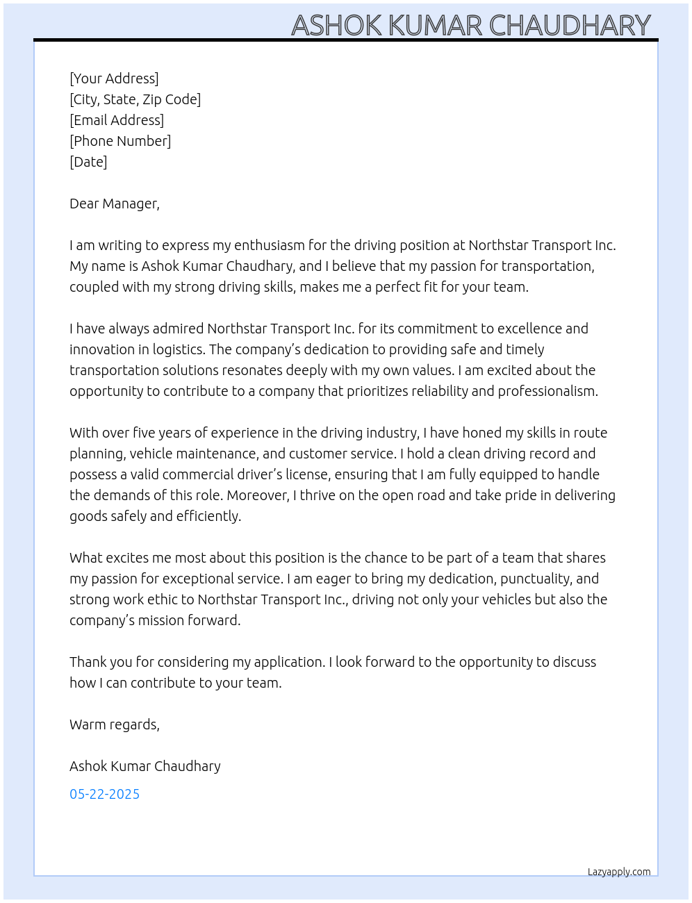 Driving At Northstartransport lnc Cover Letter