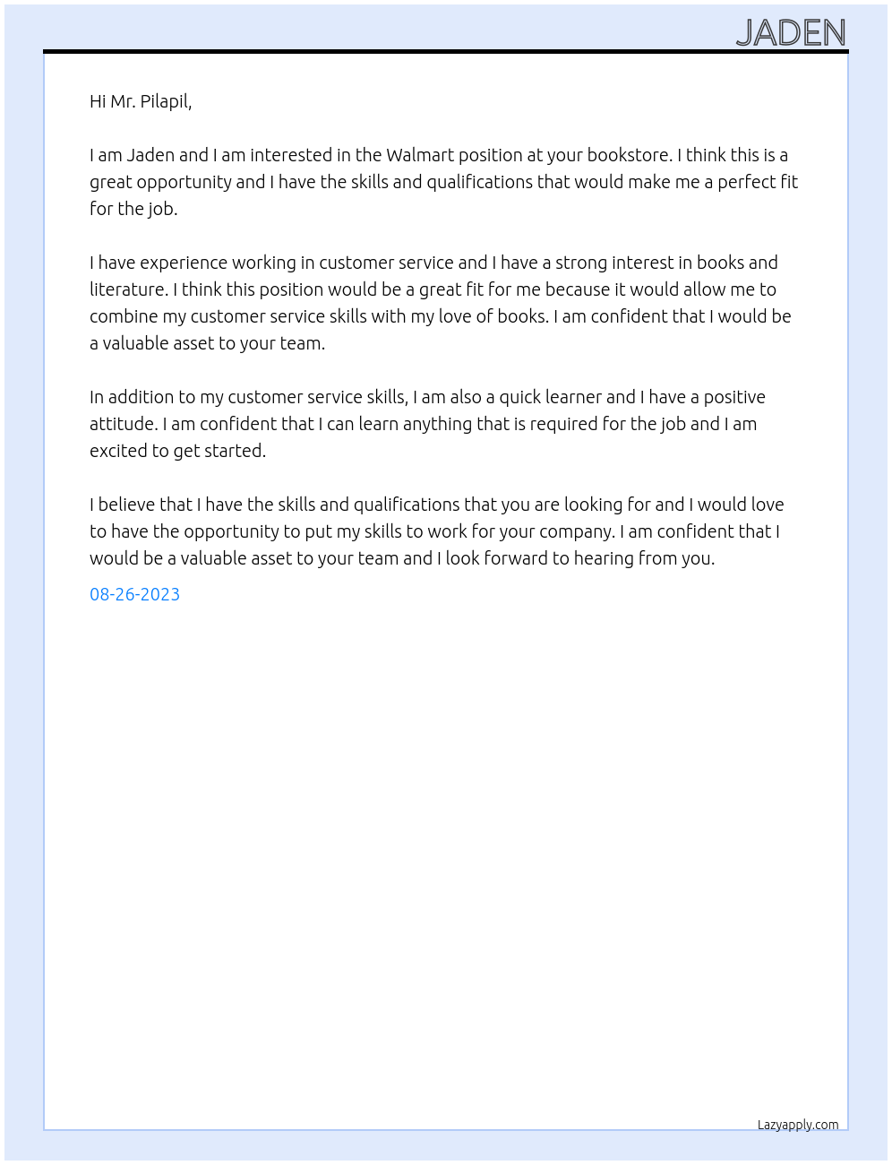 walmart At bookstore Cover Letter