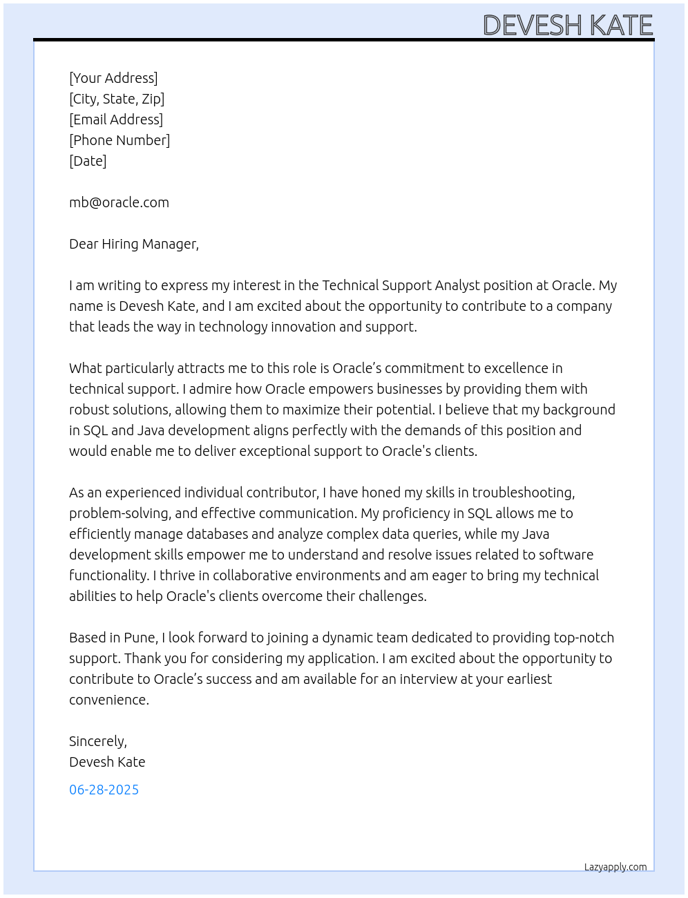 Technical support analyst At Oracle Cover Letter