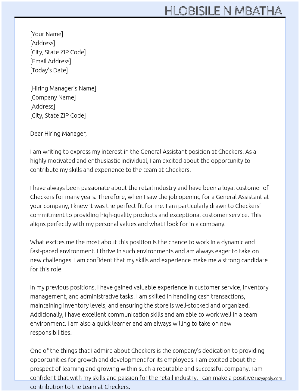 General assistant At Checkers  Cover Letter