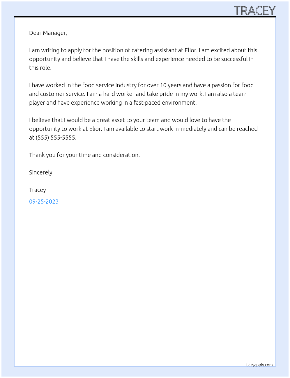 catering assistant At Elior Cover Letter