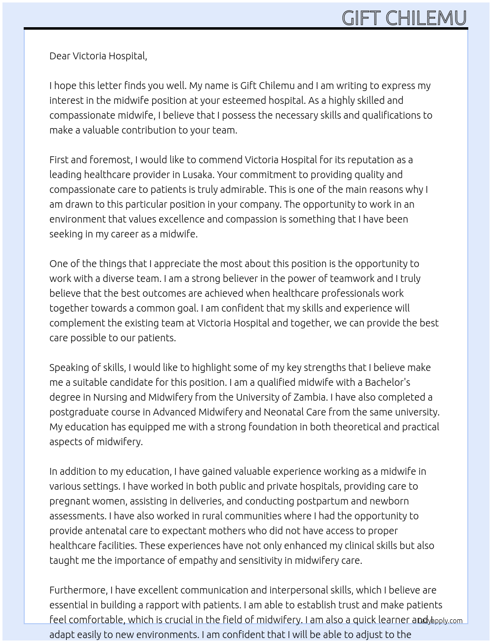 midwife At Victoria Hospital Cover Letter