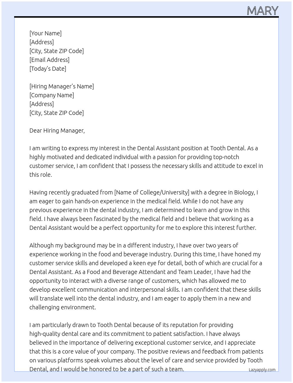 dental assistant At Tooth Dental Cover Letter