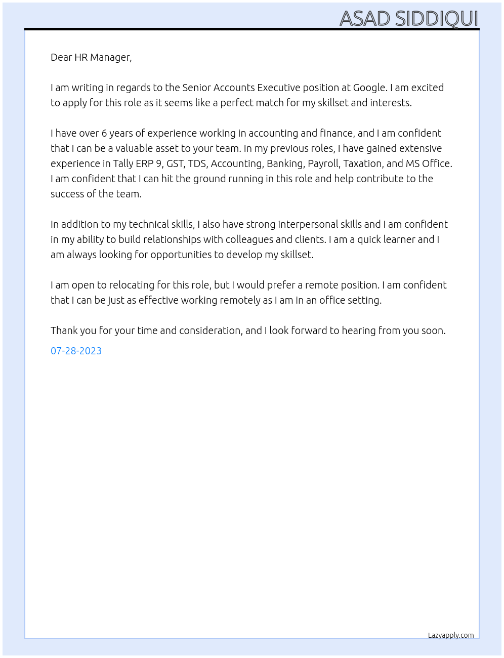 Senior Accounts Executive At Google Cover Letter