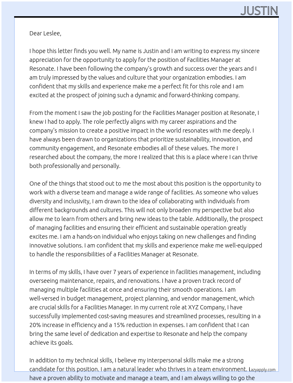 facilities manager At Resonate Cover Letter