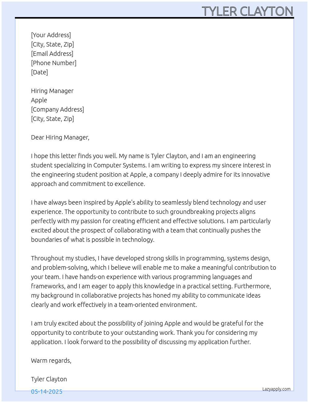 Engineering student (Computer Systems) At apple Cover Letter