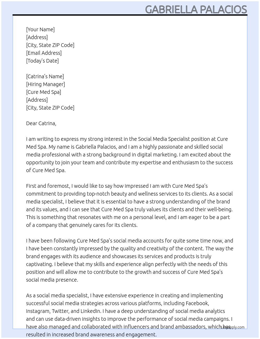 Social media Specialist At Cure Med Spa Cover Letter