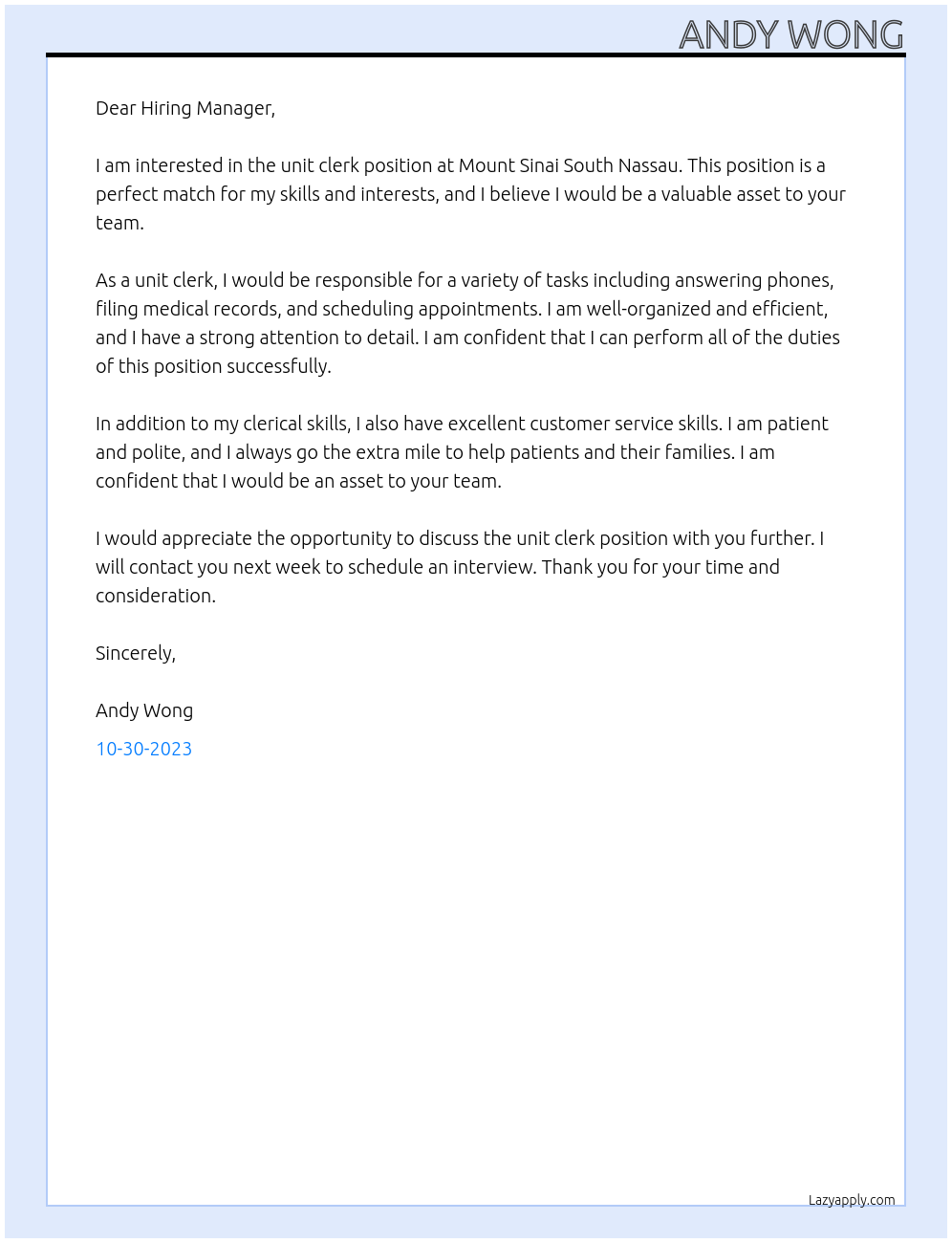 Unit Clerk At Mount Sinai South Nassau Cover Letter