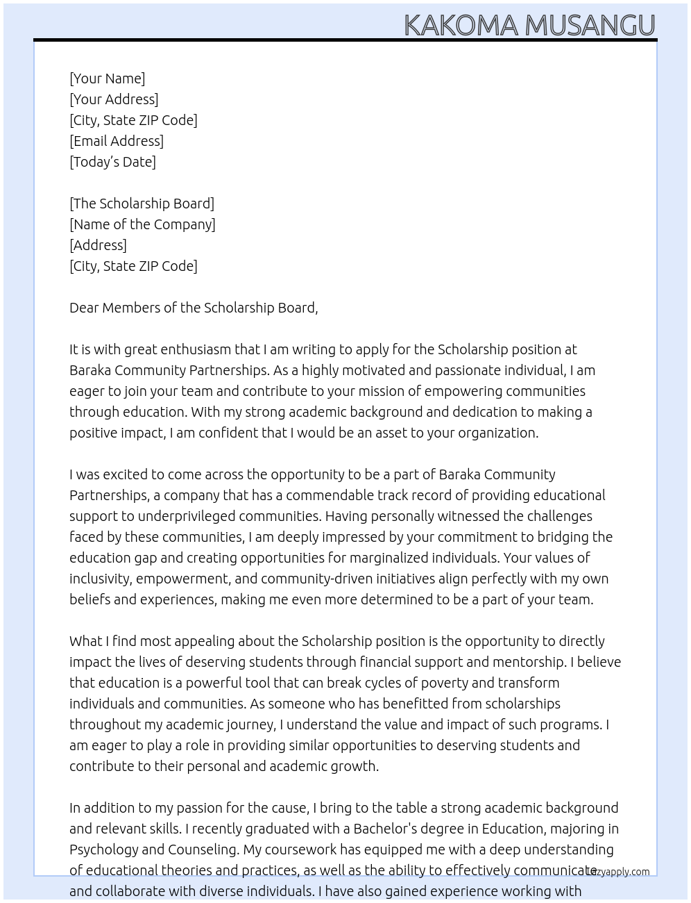 Scholarship At Baraka community partnerships Cover Letter