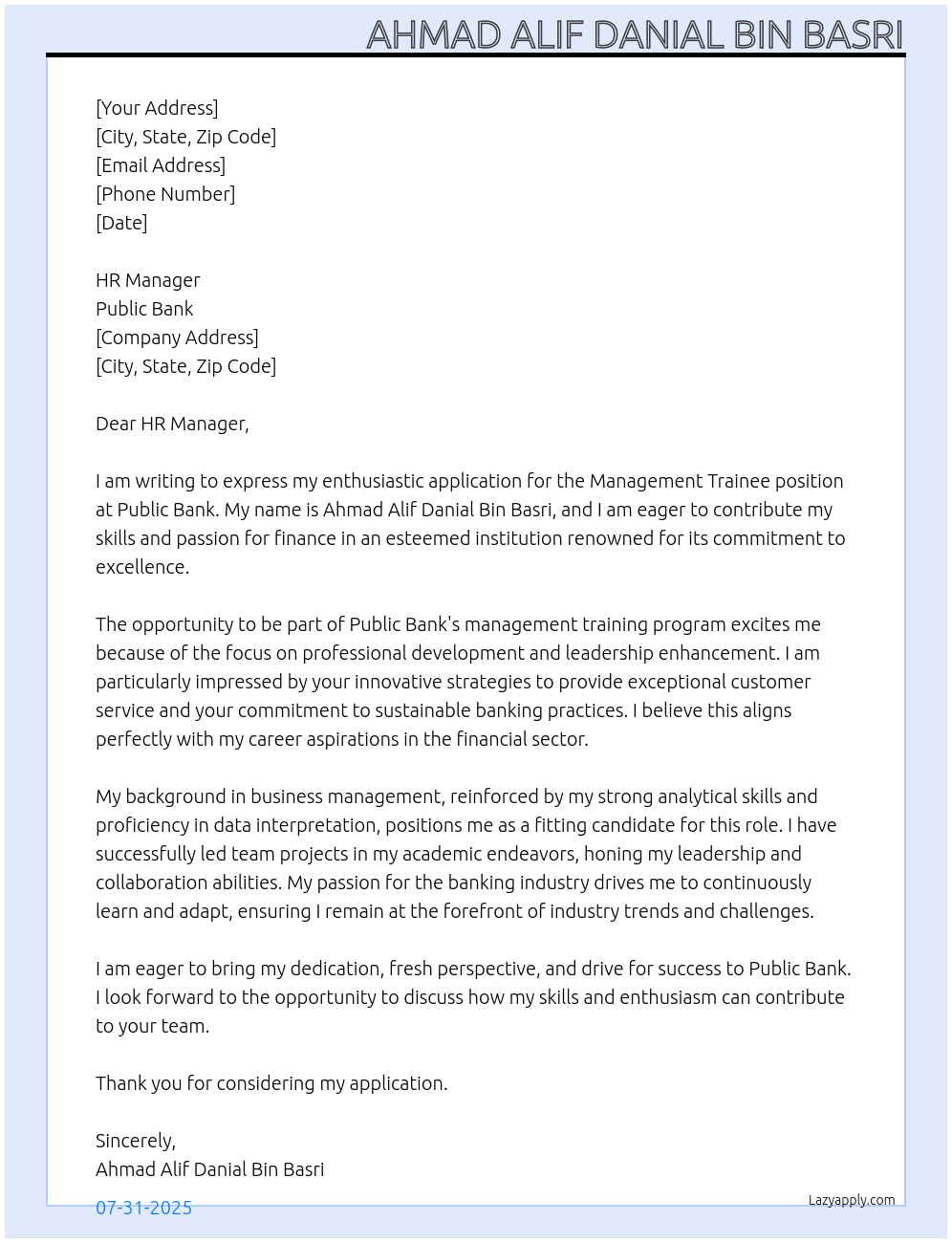 Management Trainee At Public Bank Cover Letter