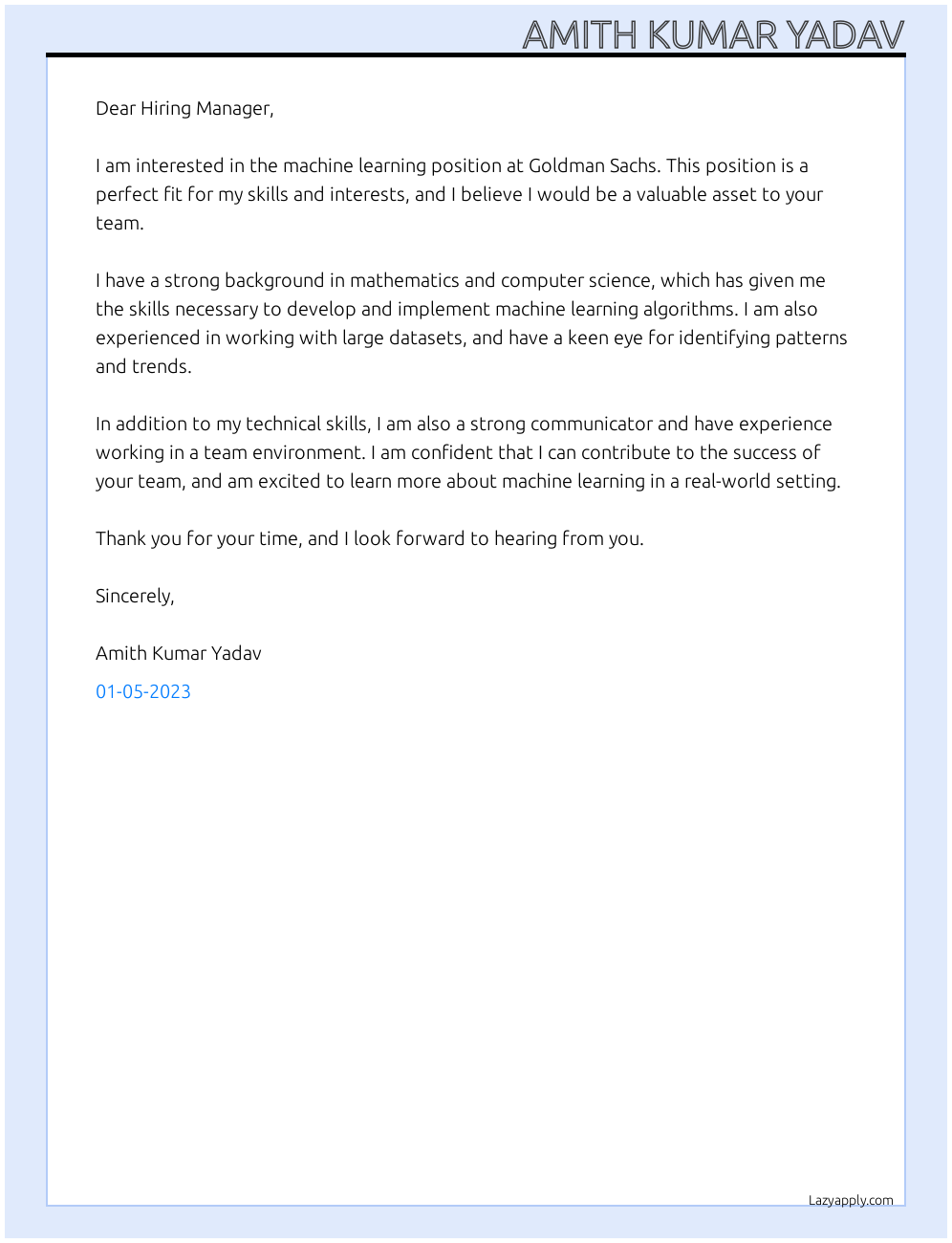 Machine Learning At Goldman Sachs Cover Letter