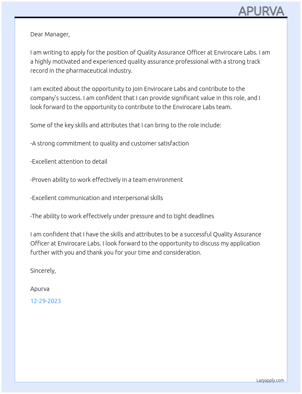 Quality Assurance Officer At  Envirocare Labs Cover Letter
