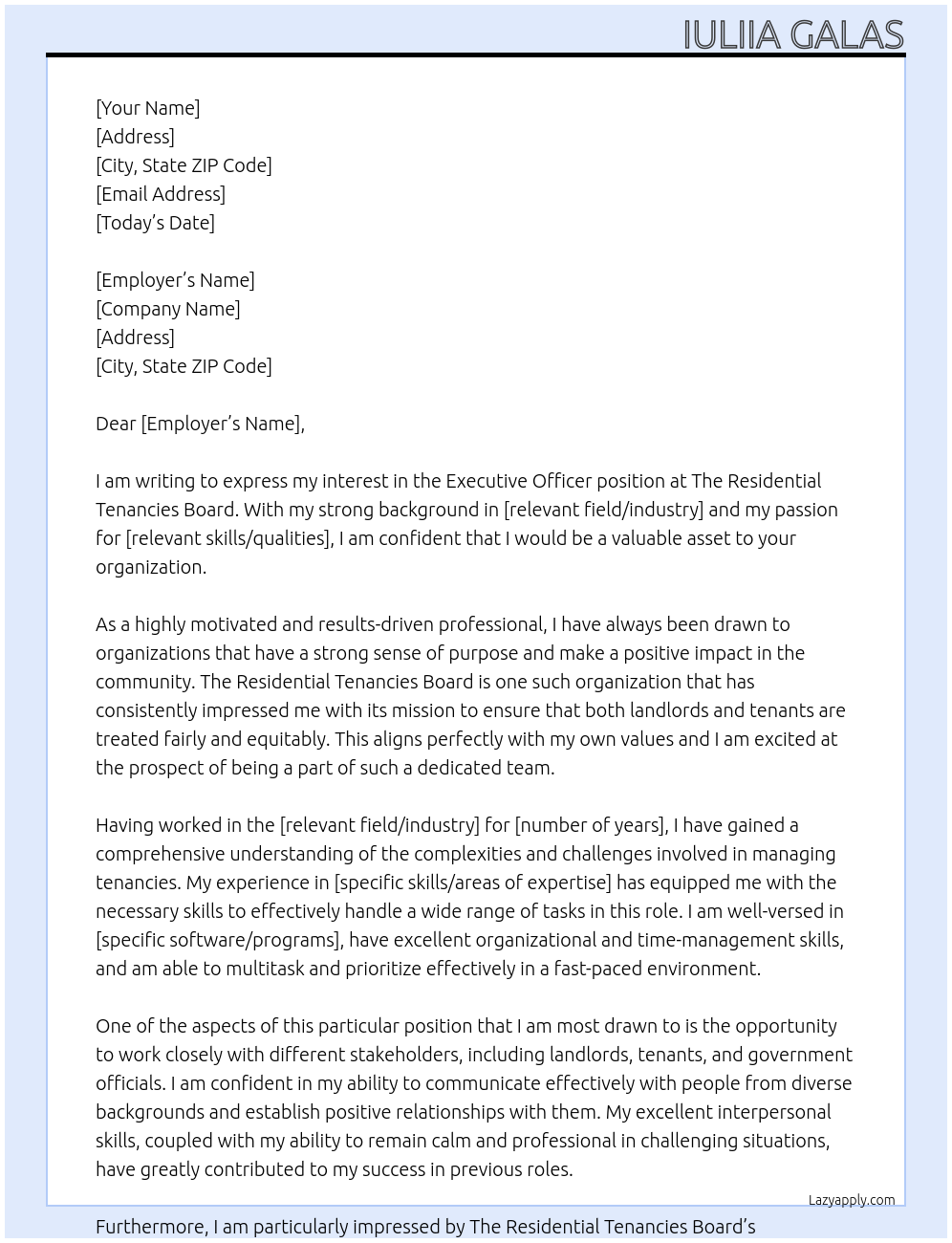 Executive Officer At The Residential Tenancies Board Cover Letter