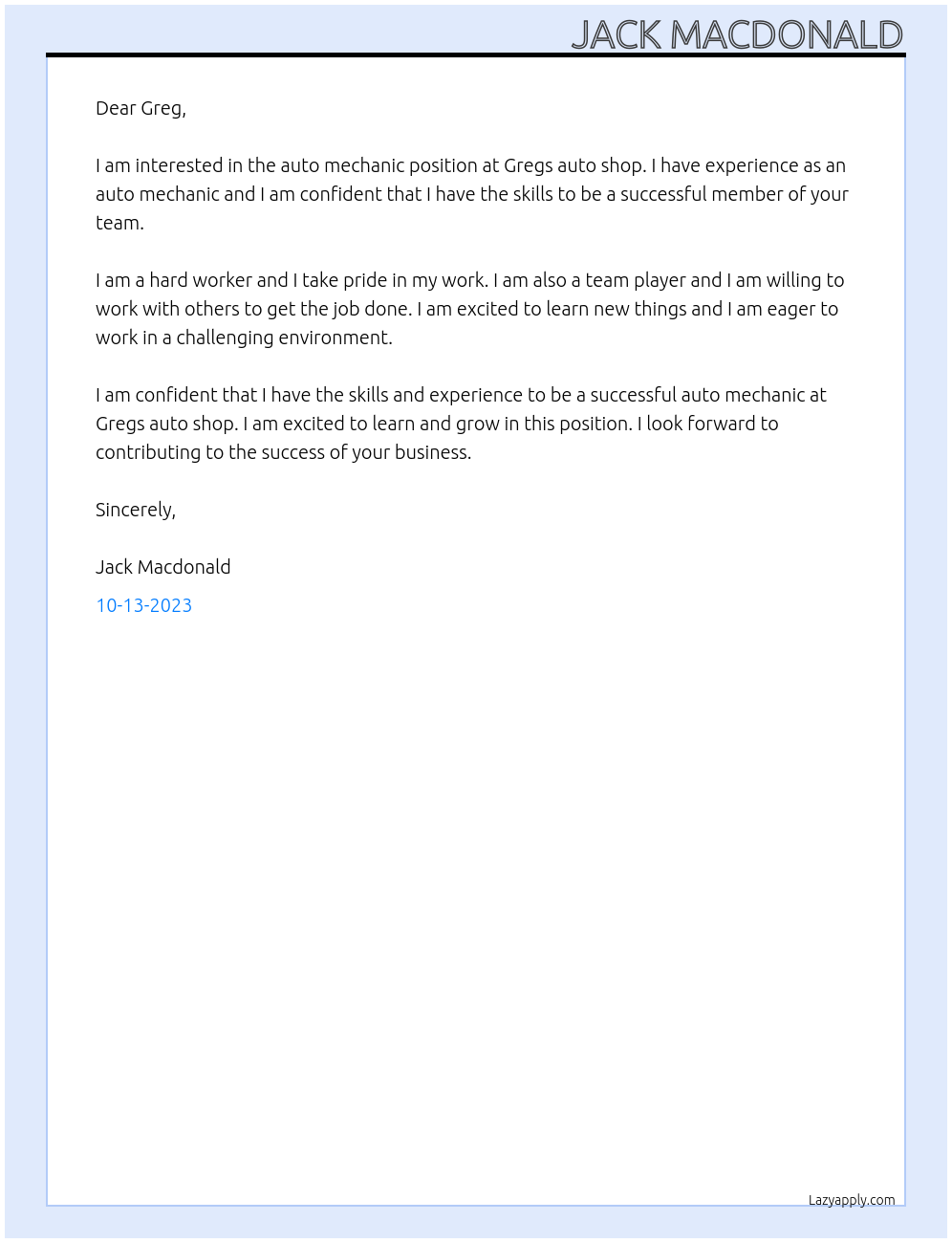 Auto mechanic At Gregs auto shop Cover Letter