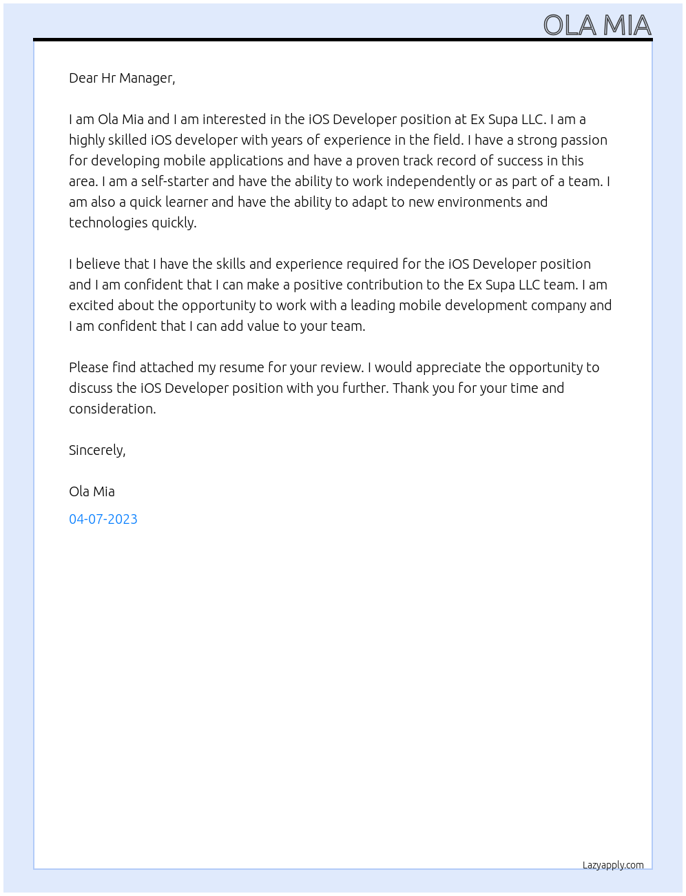 iOS Developer At Ex Supa LLC Cover Letter