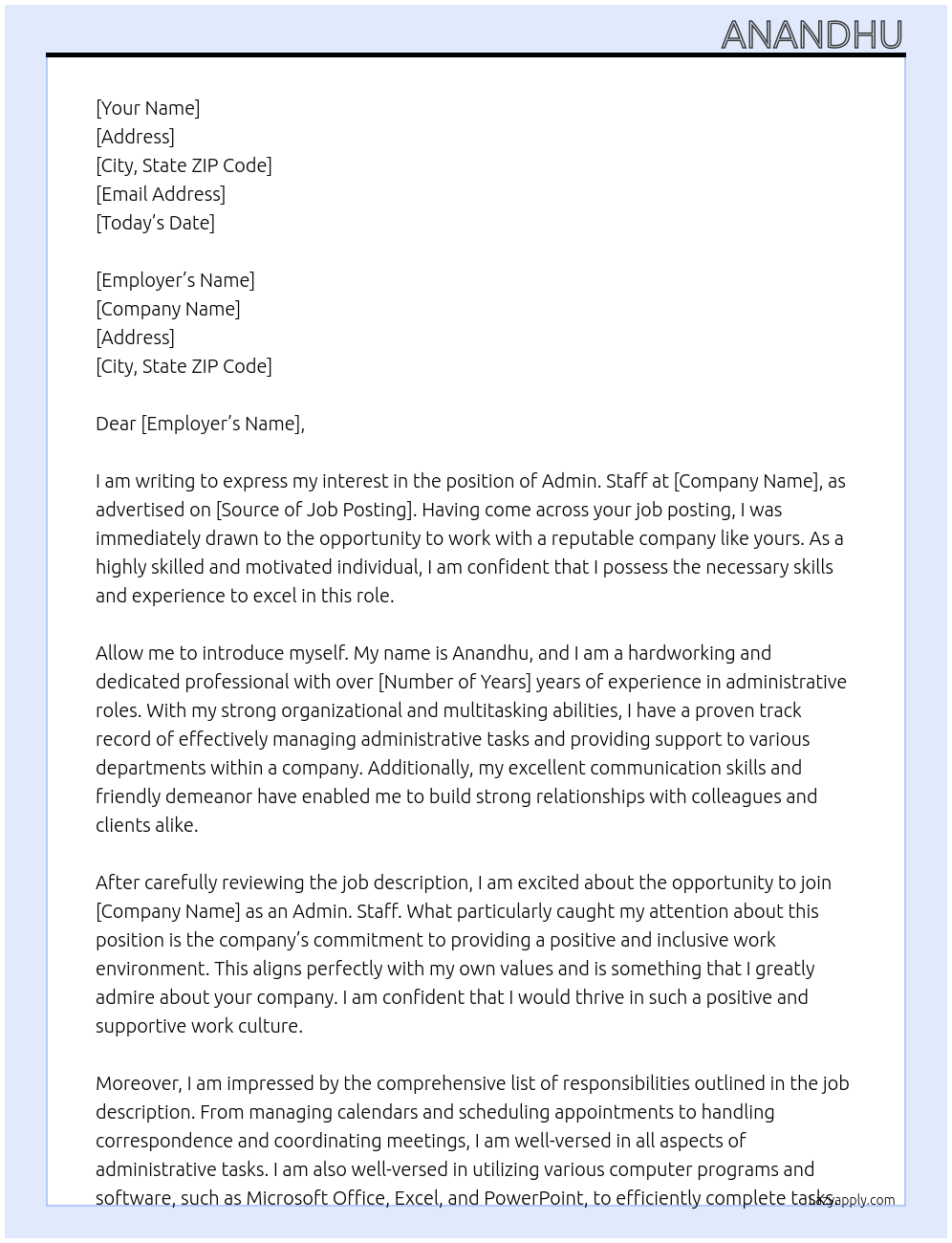 Admin. Staff At Anandhu Cover Letter