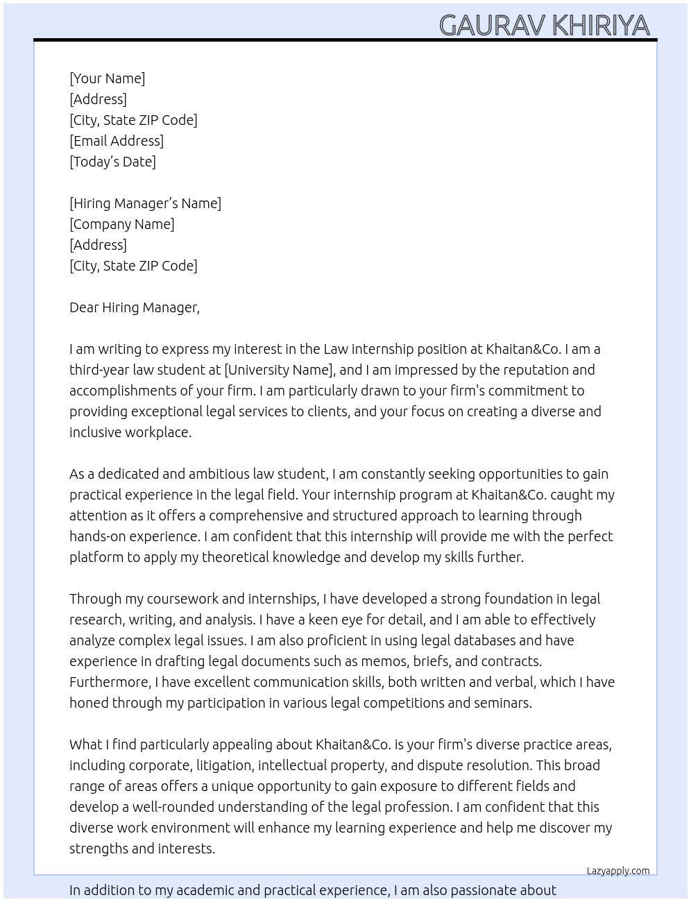 Law internship At Khaitan&Co. Cover Letter