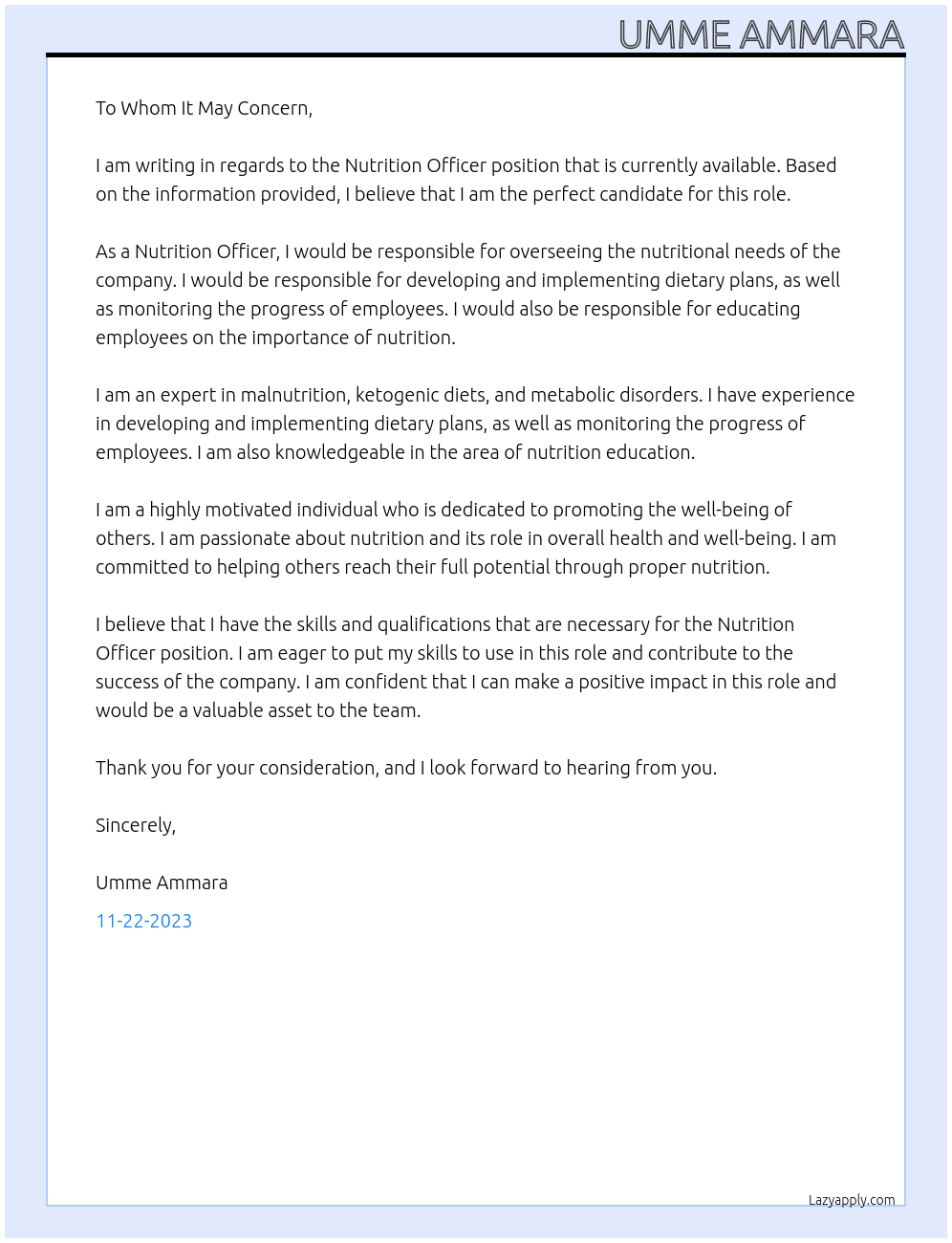 Nutrition officer  At Nutrition department  Cover Letter